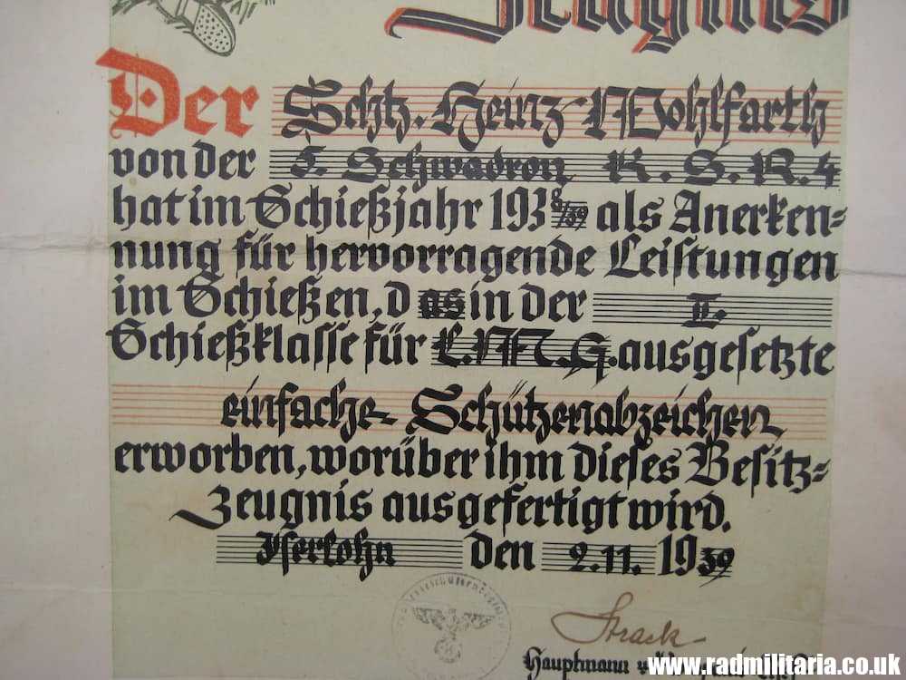 & WW2 German SCHUTZENABZEICHEN large DOCUMENT - 2.11.1939, 5 Schwadron K.S.R.4 - Image 6