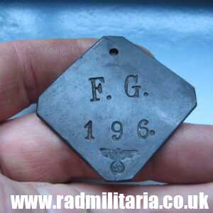 & unknown German DOG TAG with EAGLE: F. G. 196. Feld Gendarmerie? metal detecting find. GENUINE !