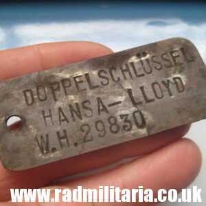 & WW2 military Car KEY TAG. Reg. No. W.H.29830, DOPPELSCHLUSSEL - Spare KEY for Wehrmacht CAR - trench art.