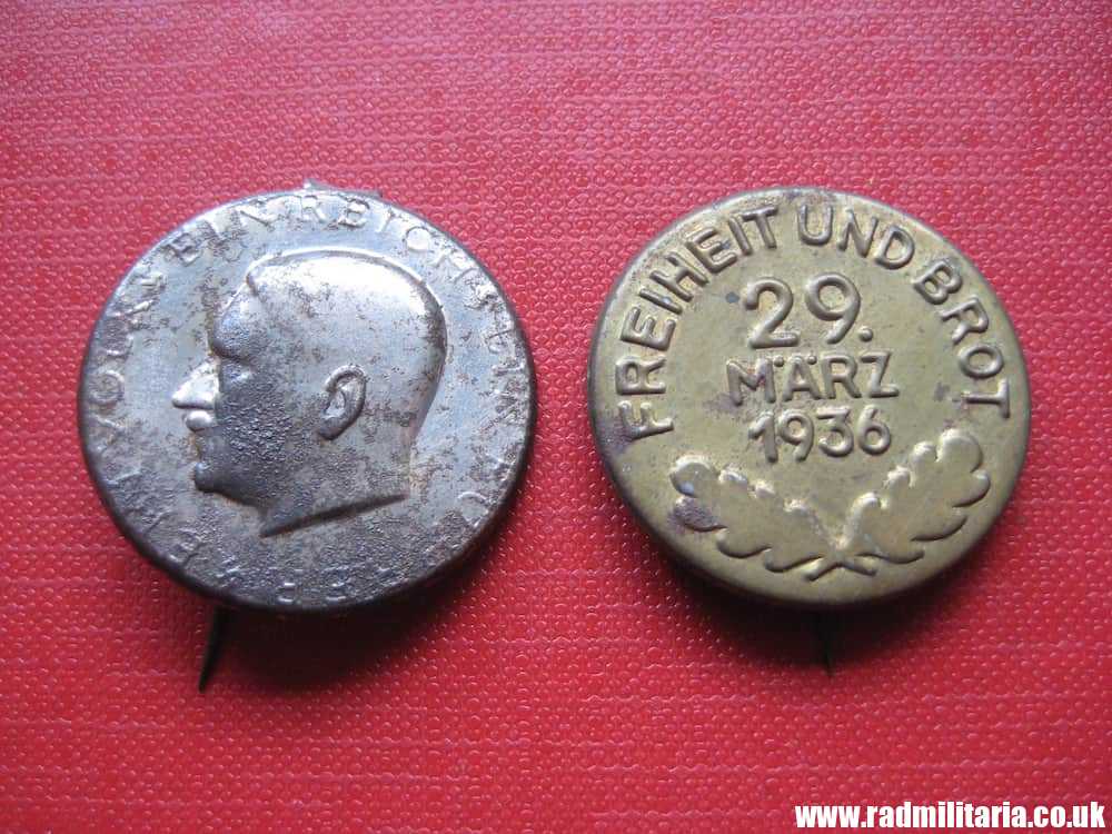& SET OF 2 original German TINNIE BADGES: EIN VOLK, EIN REICH, EIN FUHRER and 29 MARZ 1936.