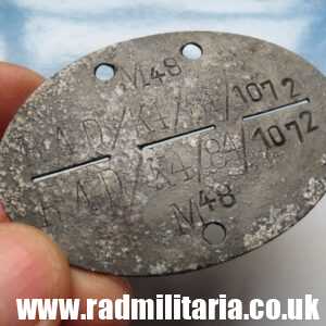 & WW2 original German DOG TAG - ID DISC from metal detecting: M48 RAD/K4/84/1072.