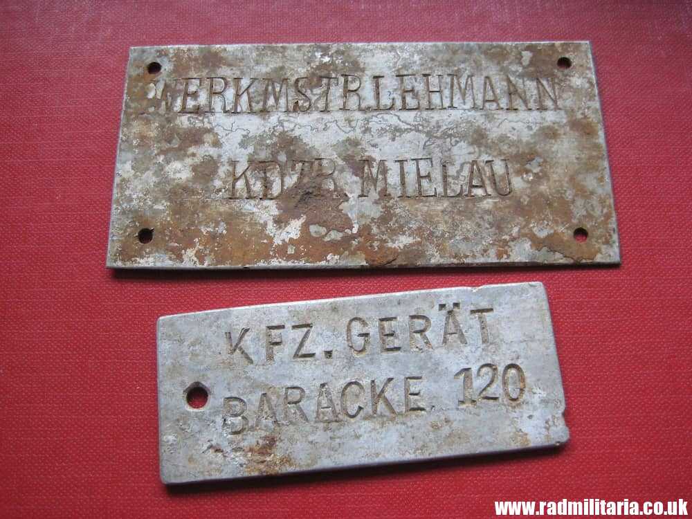 & WW2 German metal PLAQUES with description - SET OF 2, battlefield relic, metal detecting find.