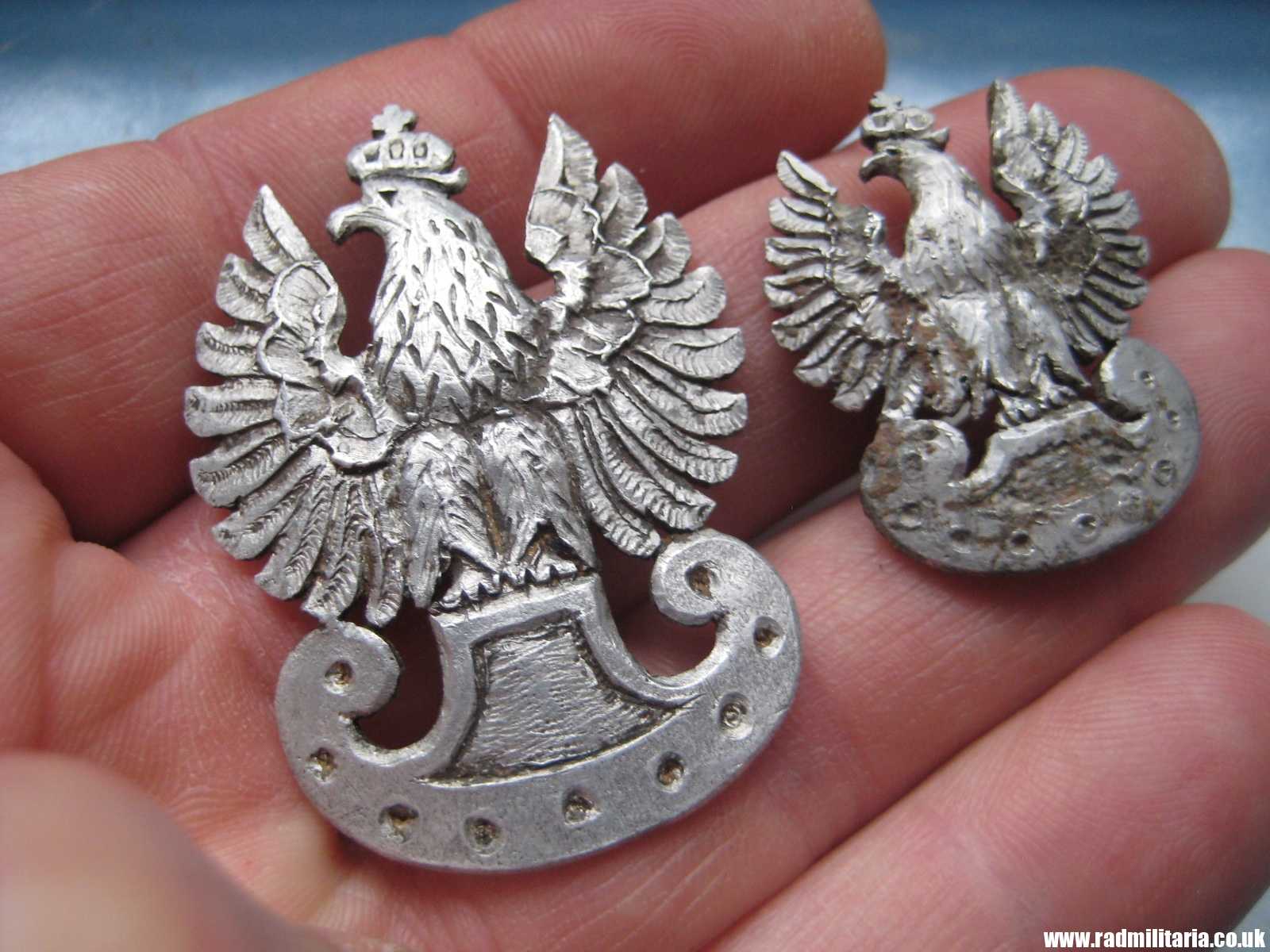 & WW2 Polish EAGLE BADGES - Cap badges, trench art from OFLAG IID GROSS BORN. SET OF 2 Genuine !