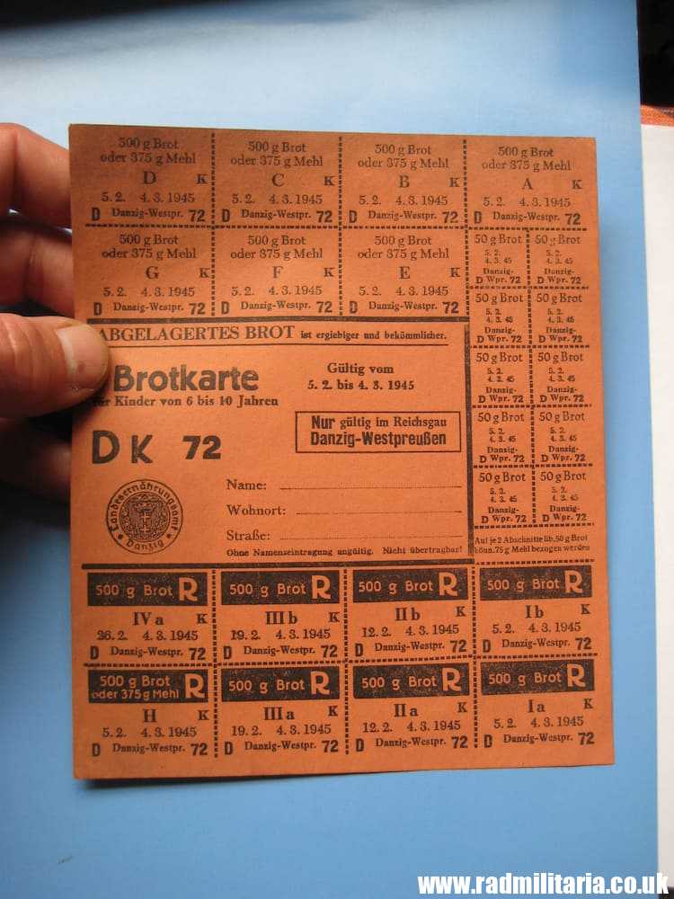 & WW2 original German DOCUMENT - BROTKARTE FUR KINDER / CHILD RATION COUPONS, 1945 Danzig.