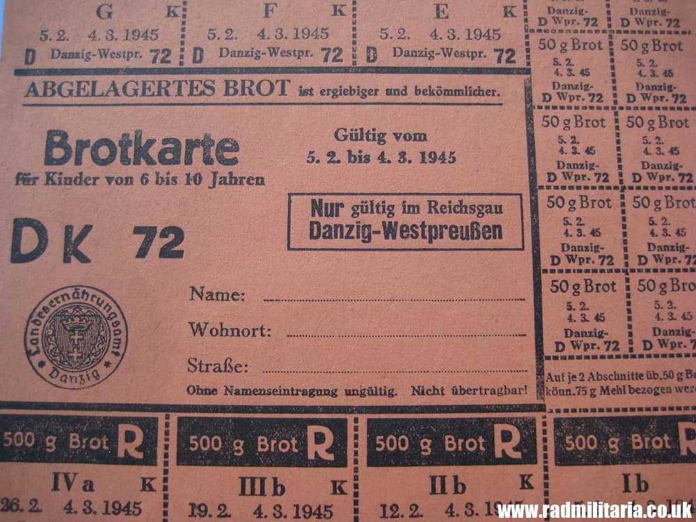 & WW2 original German DOCUMENT - BROTKARTE FUR KINDER / CHILD RATION COUPONS, 1945 Danzig. - Image 10