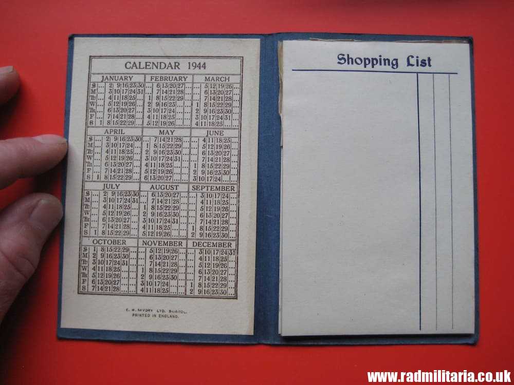 & WW2 original British CALENDAR and Shopping List - 1944
