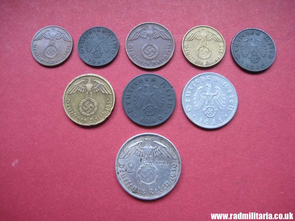 **& Set of 9 original WW2 German COINS with EAGLE 1937 - 1944, used condition. - Image 2