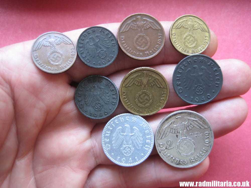 **& Set of 9 original WW2 German COINS with EAGLE 1937 - 1944, used condition. - Image 8