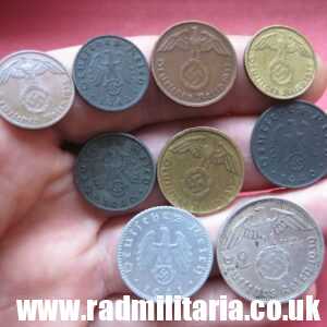 **& Set of 9 original WW2 German COINS with EAGLE 1937 - 1944, used condition.