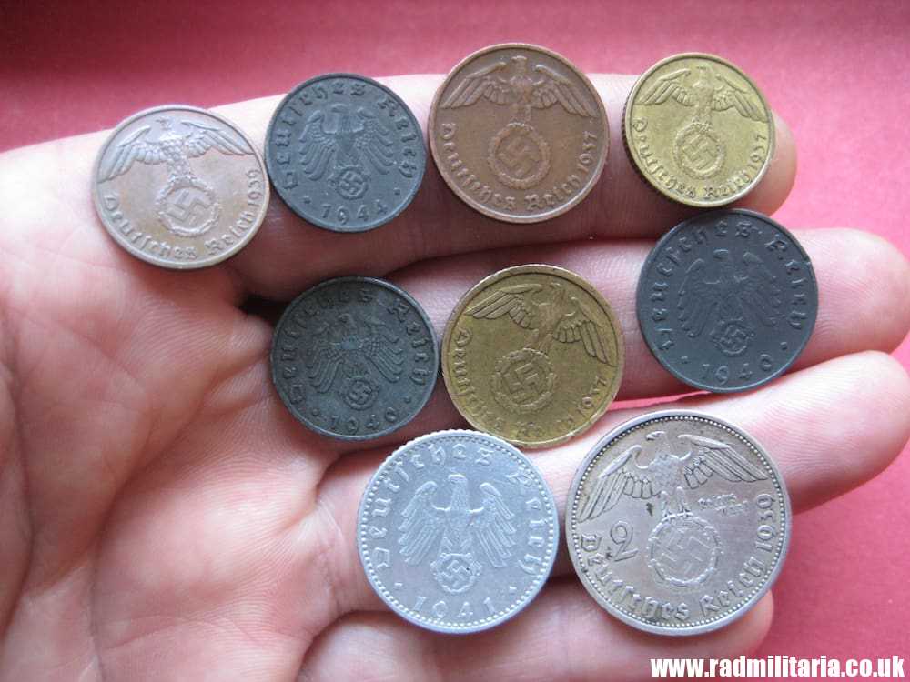**& Set of 9 original WW2 German COINS with EAGLE 1937 - 1944, used condition.