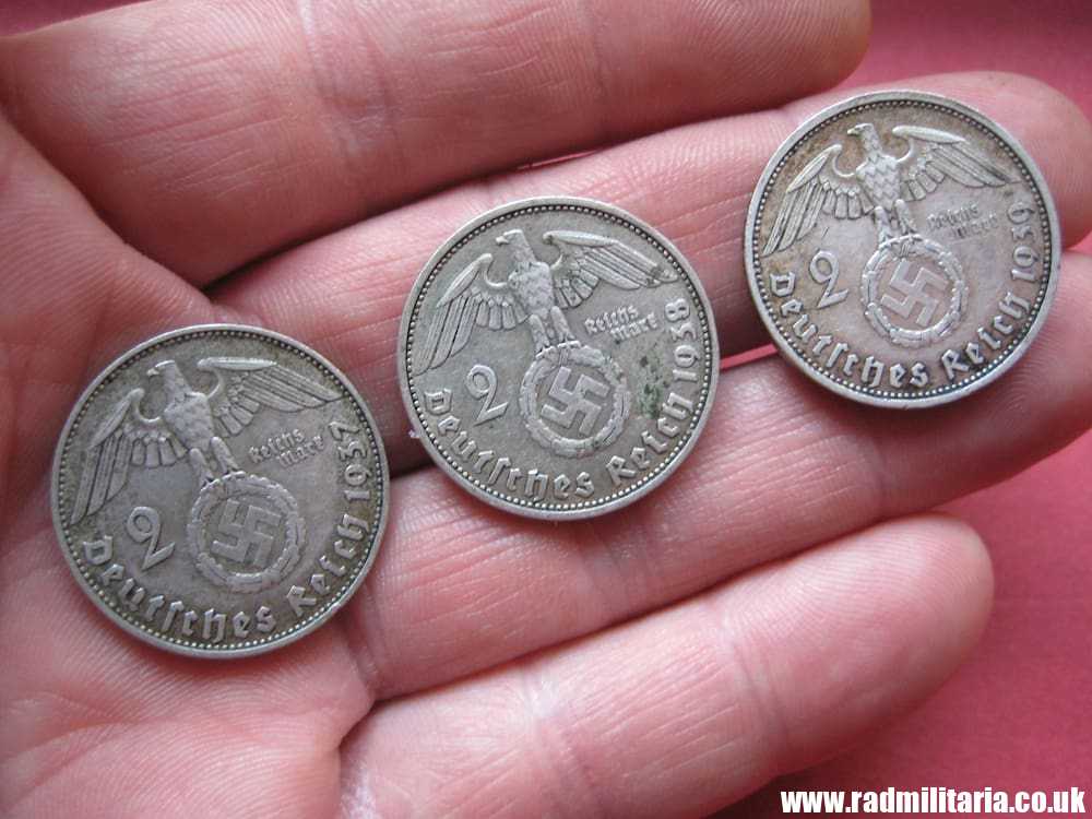 SOLD & Set of 3 original German 2RM silver COINS from WW2: 1937, 1938, 1939 set..****..