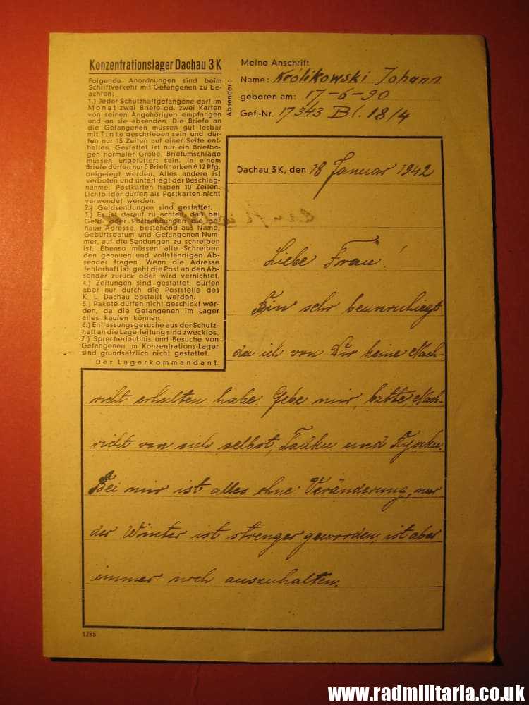 & WW2 original LETTER - 18.1.1942 Konzentrationslager Dachau 3K (Concentration Camp Dachau) - Image 2