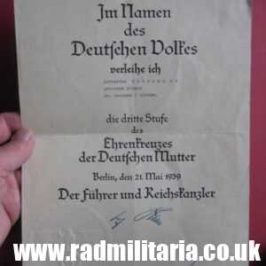 & WW2 German DOCUMENT: Cross of Honor of The German Mother 3rd Class. 100% genuine...
