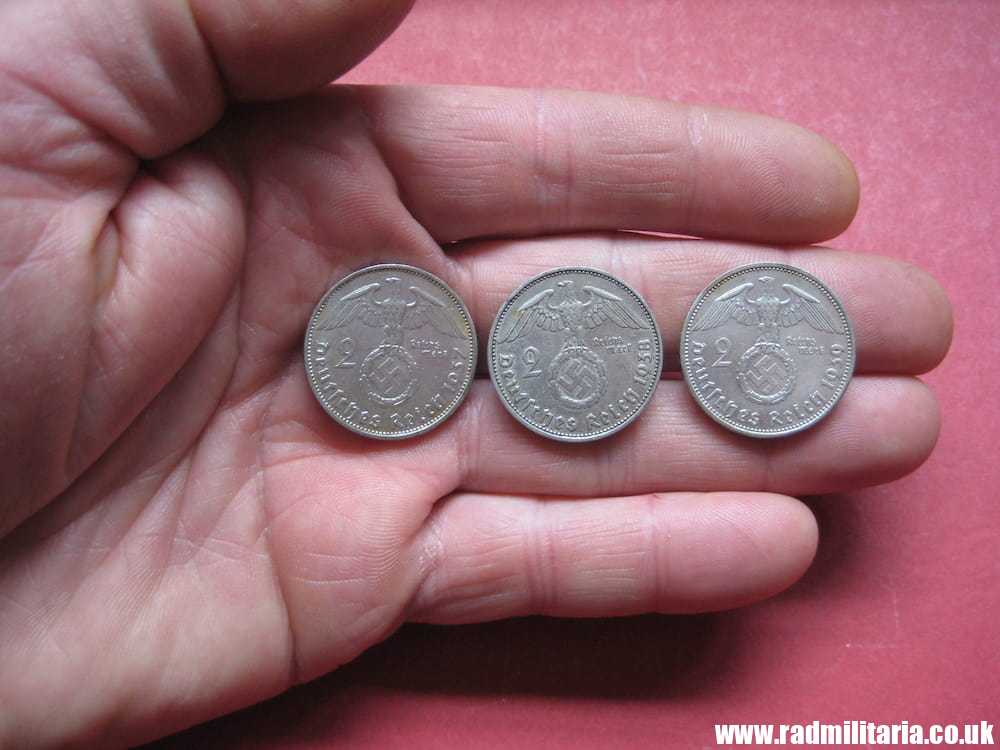 SOLD & Set of 3 original German 2RM silver COINS from WW2 - 1937, 1938 and 1939..******.. - Image 2