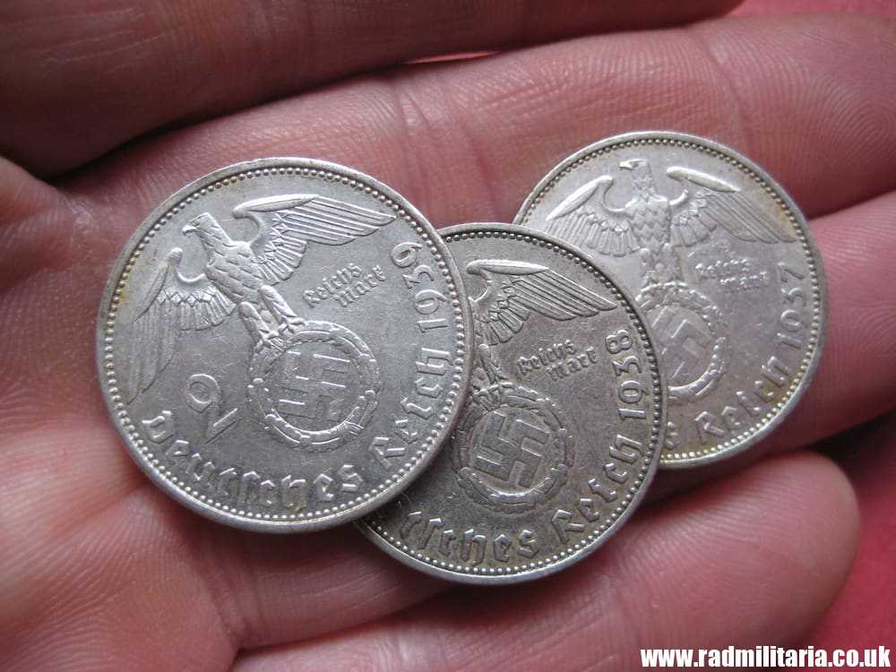 SOLD & Set of 3 original German 2RM silver COINS from WW2 - 1937, 1938 and 1939..******..