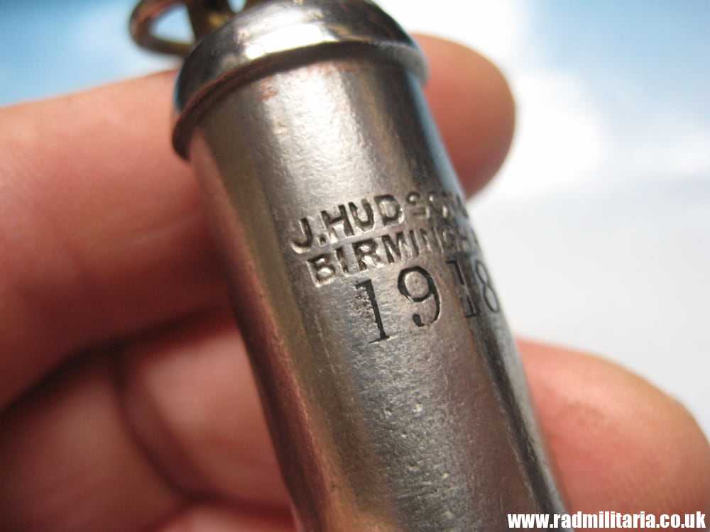 & WW1 original British MILITARY WHISTLE with date 1918 and metal chain: J. HUDSON & Co BIRMINGHAM. - Image 4