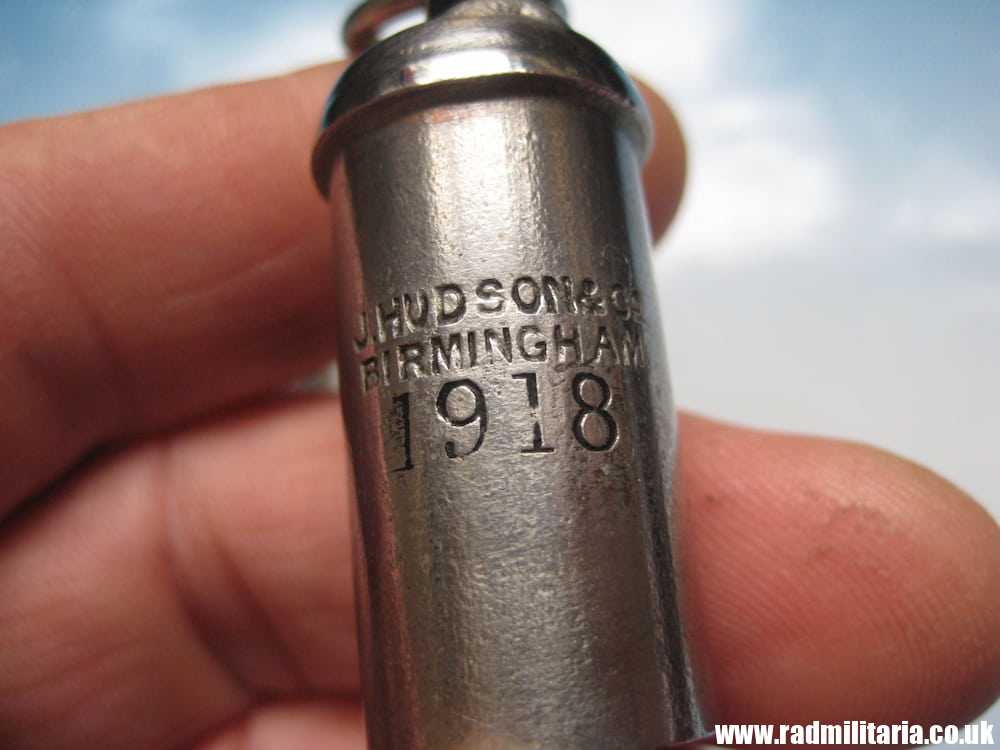 & WW1 original British MILITARY WHISTLE with date 1918 and metal chain: J. HUDSON & Co BIRMINGHAM. - Image 5