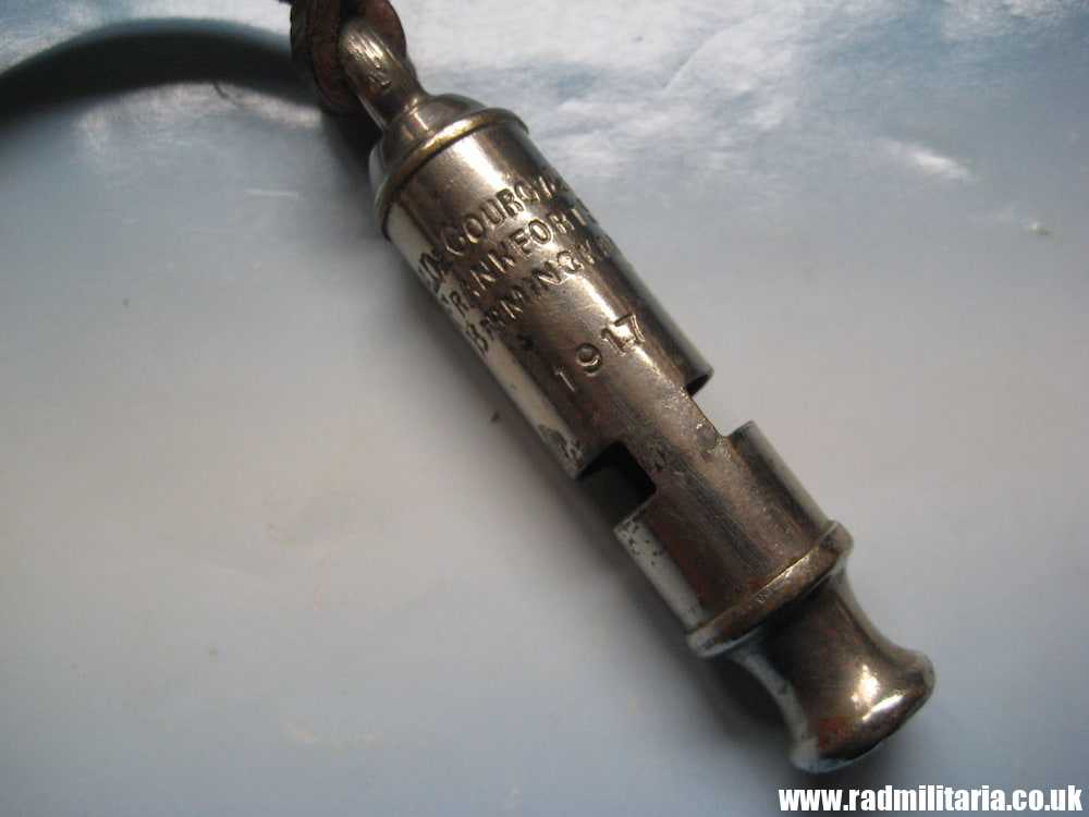 & WW1 original British MILITARY WHISTLE with date 1917 and leather strap: A De Courcy & Co BIRMINGHAM. - Image 3