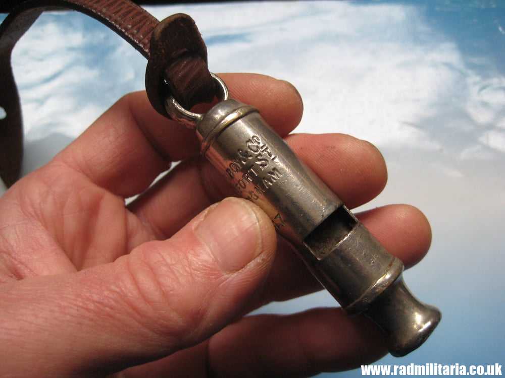 & WW1 original British MILITARY WHISTLE with date 1917 and leather strap: A De Courcy & Co BIRMINGHAM. - Image 4