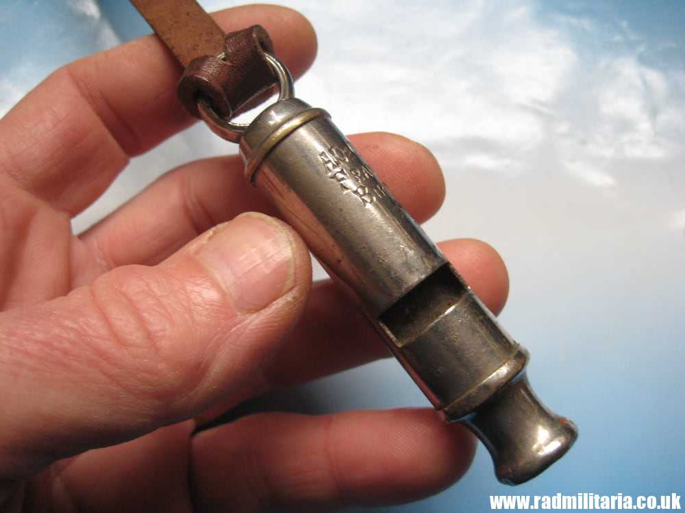 & WW1 original British MILITARY WHISTLE with date 1917 and leather strap: A De Courcy & Co BIRMINGHAM. - Image 5
