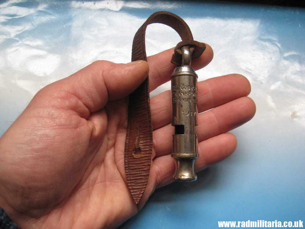 & WW1 original British MILITARY WHISTLE with date 1917 and leather strap: A De Courcy & Co BIRMINGHAM. - Image 6