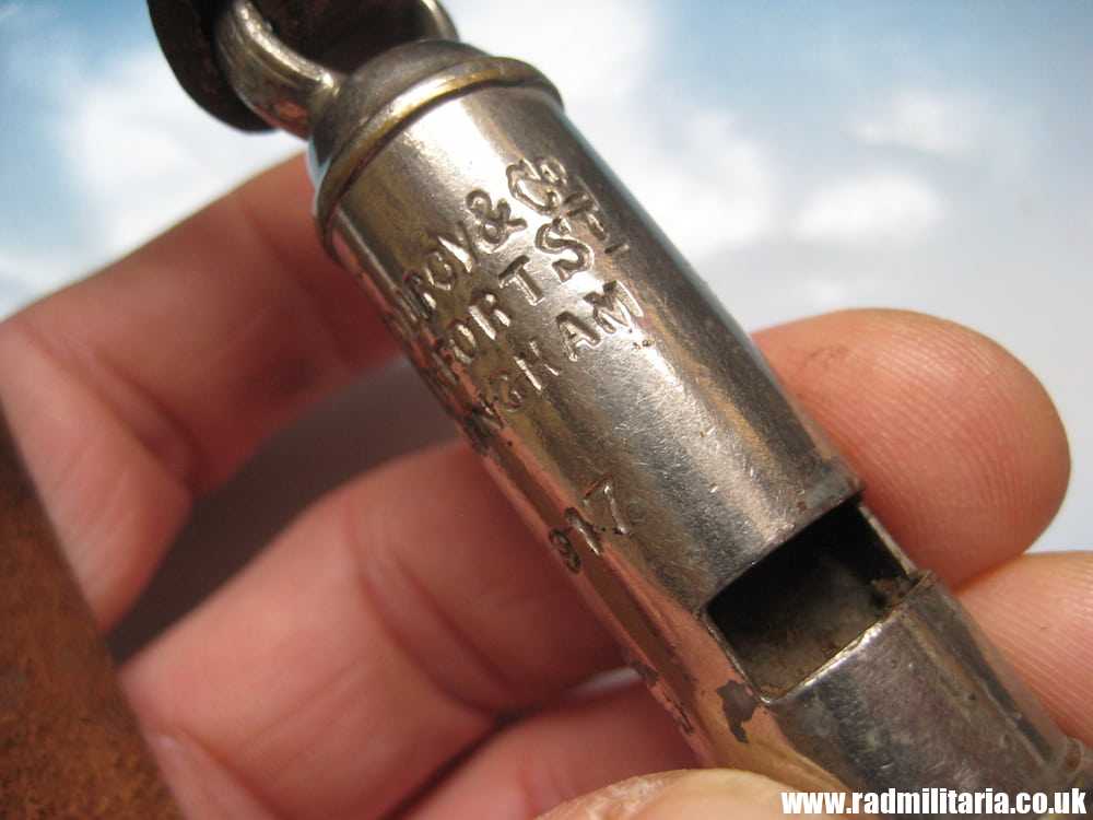 & WW1 original British MILITARY WHISTLE with date 1917 and leather strap: A De Courcy & Co BIRMINGHAM. - Image 8