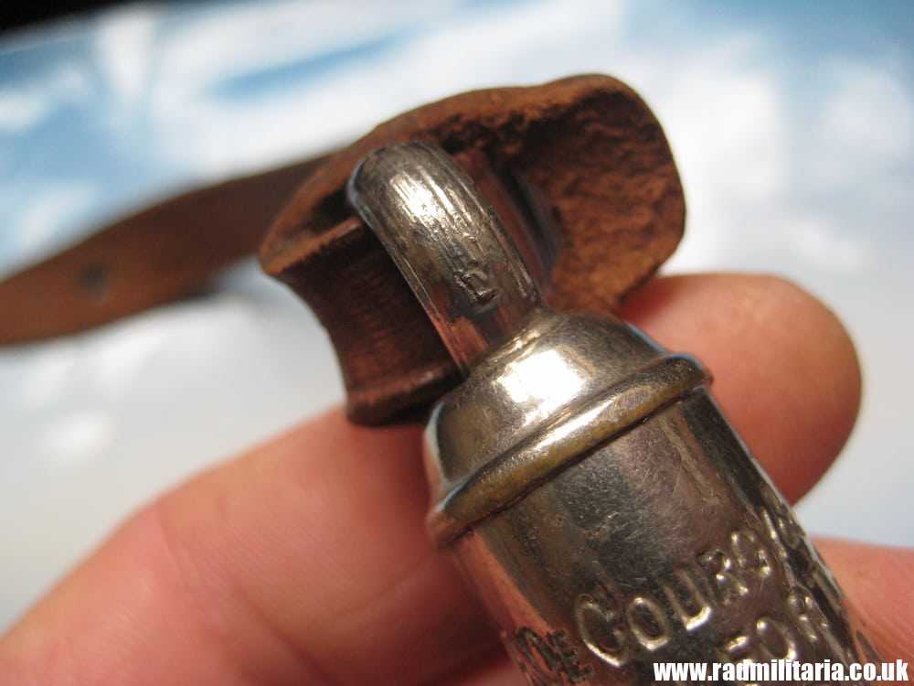 & WW1 original British MILITARY WHISTLE with date 1917 and leather strap: A De Courcy & Co BIRMINGHAM. - Image 11