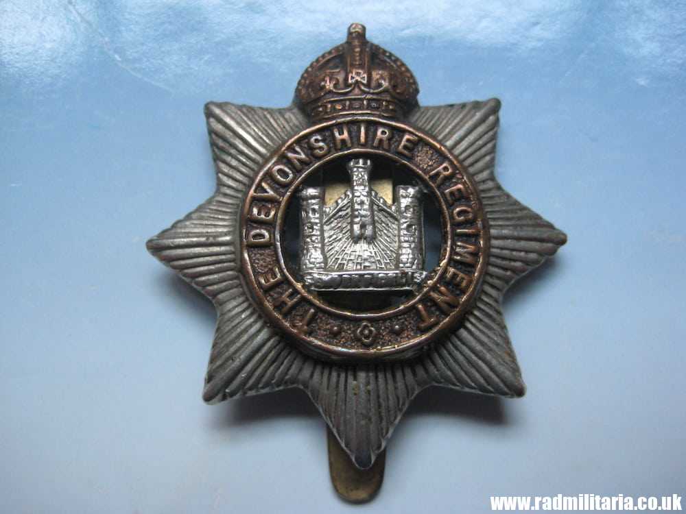 & WW1 original British CAP BADGE - Devonshire Regiment, maker: F.N B'HAM. - Image 2
