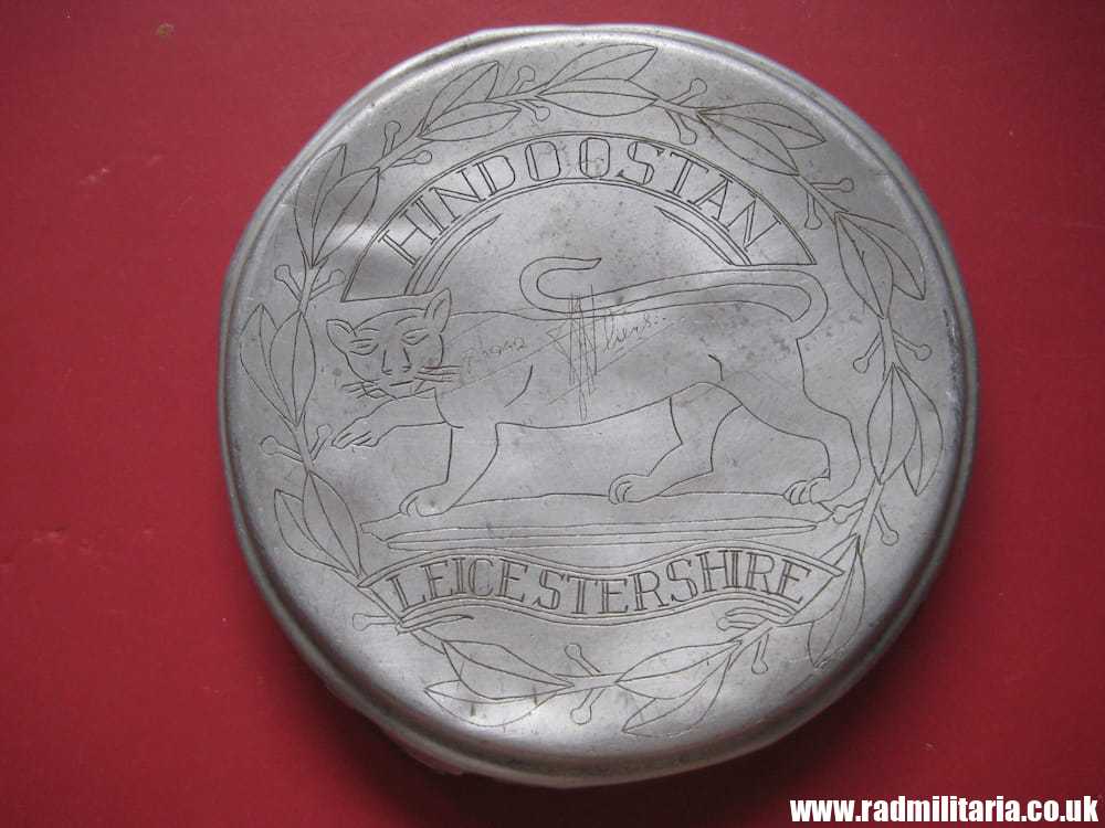 & WW2 original British TRENCH ART - LEICESTERSHIRE REGIMENT made 26.7.1942 in a Japanese POW Camp.