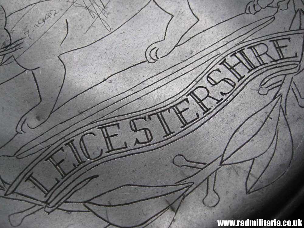 & WW2 original British TRENCH ART - LEICESTERSHIRE REGIMENT made 26.7.1942 in a Japanese POW Camp. - Image 4