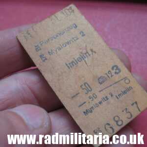 & WW2 original German TRAIN TICKET Personenzug from Myslowitz to Imielin 31.10.1944 - 100% genuine.