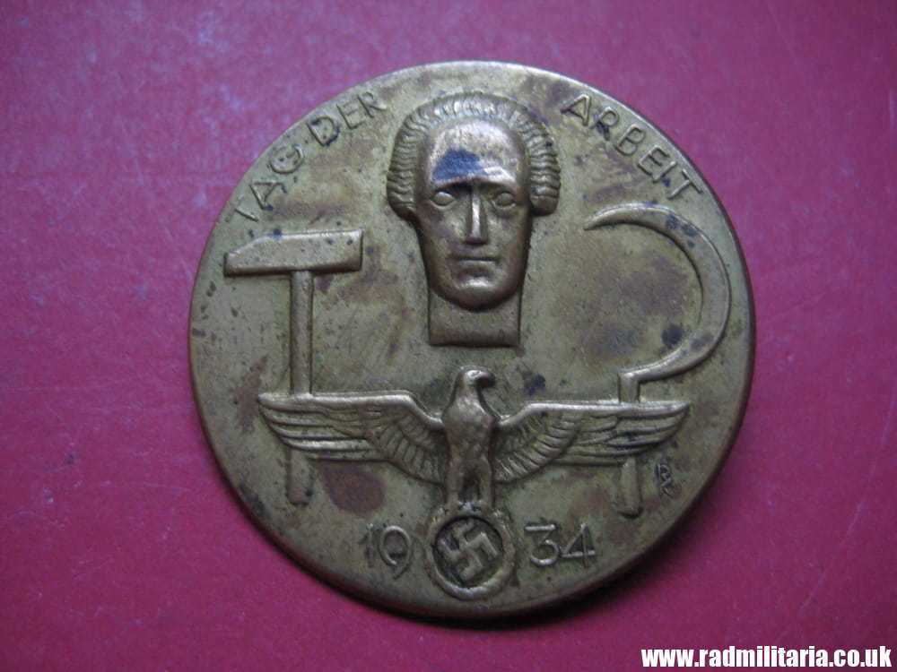 & pre WW2 original nazi GERMAN BADGE - Tag Der Arbeit 1934 with maker marks: GERB, HEUTE SCHWELM.