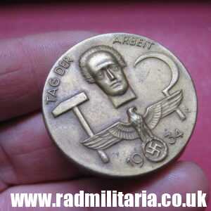 & pre WW2 original nazi GERMAN BADGE - Tag Der Arbeit 1934 with maker marks: "5 SCHWAB. GMUND"