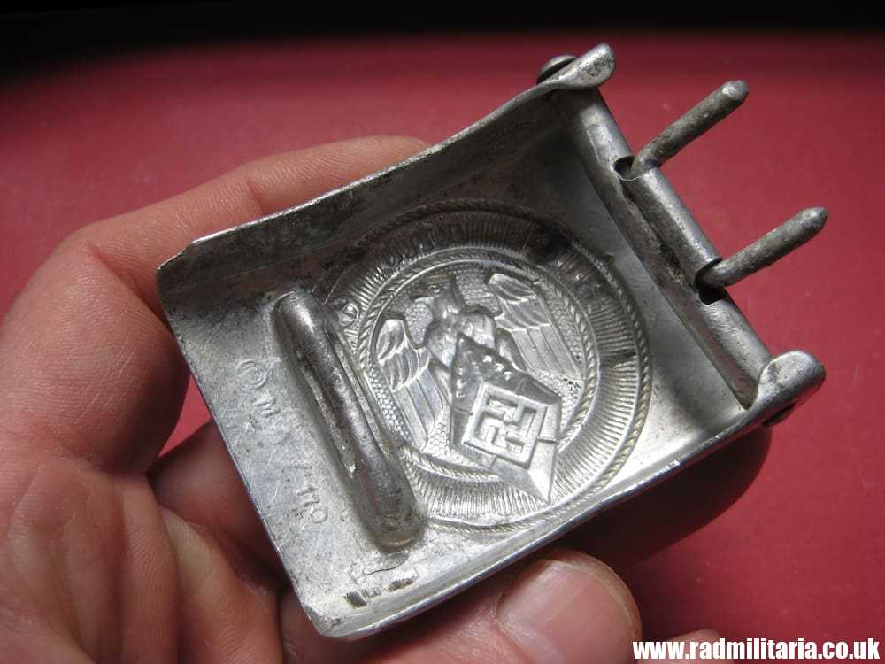 & WW2 original German Hitler Youth HJ BELT BUCKLE made of aluminum, worn. Marked: RZM M4/110.