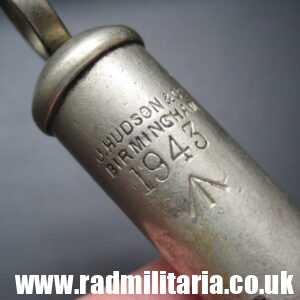 & WW2 original British MILITARY WHISTLE with date 1943 & Broad Arrow mark, maker: J. HUDSON B-ham