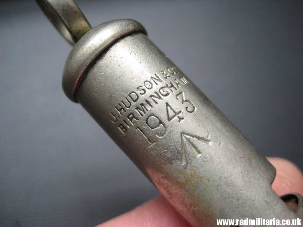 & WW2 original British MILITARY WHISTLE with date 1943 & Broad Arrow mark, maker: J. HUDSON B-ham