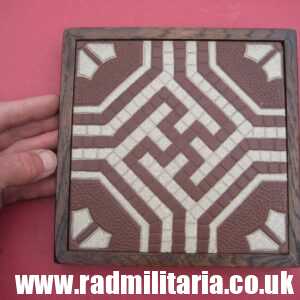 & Original old German FLOOR TILE with SWASTIKA in oak frame. Best German maker: Villeroy & Boch Mettlach XV - rare.