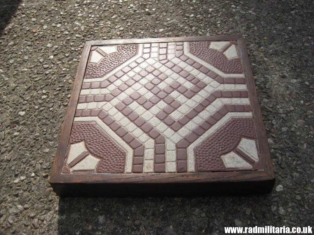 & Original old German FLOOR TILE with SWASTIKA in oak frame. Best German maker: Villeroy & Boch Mettlach XIIII - Rare !!