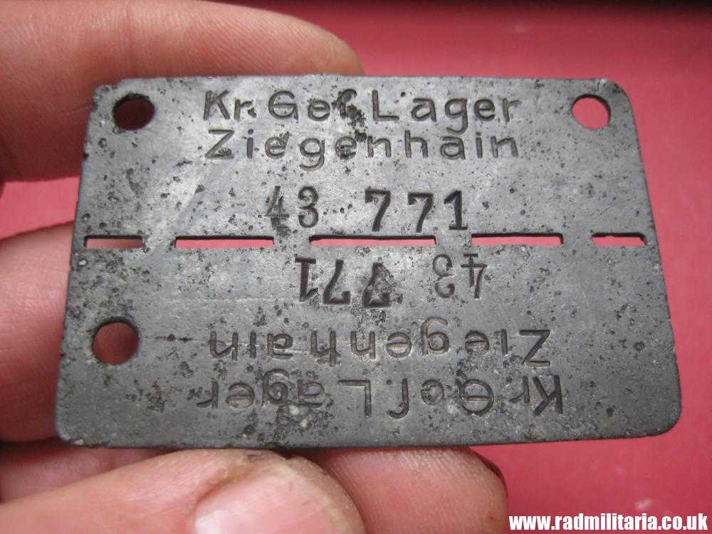 & WW2 original German POW DOG TAG – ID DISC: Kr. Gef. Lager Ziegenhain 43 771, from metal detecting. - Image 2