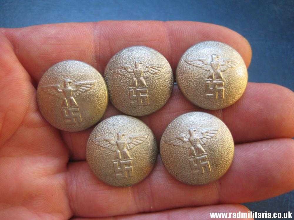 & WW2 SET of 5 German NSDAP BUTTONS with eagle, marks: RZM Assmann & Sohne - genuine