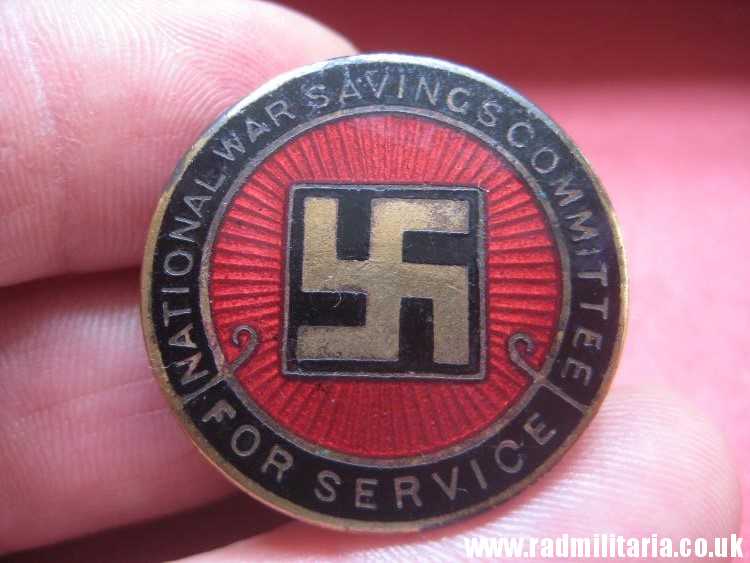 & original old British ENAMEL BADGE with swastika - National War Savings Committee, maker: FATTORINI BIRMINGHAM LTD
