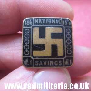 & original old British ENAMEL BADGE with swastika - National Savings maker: J.A.WY & Co London.
