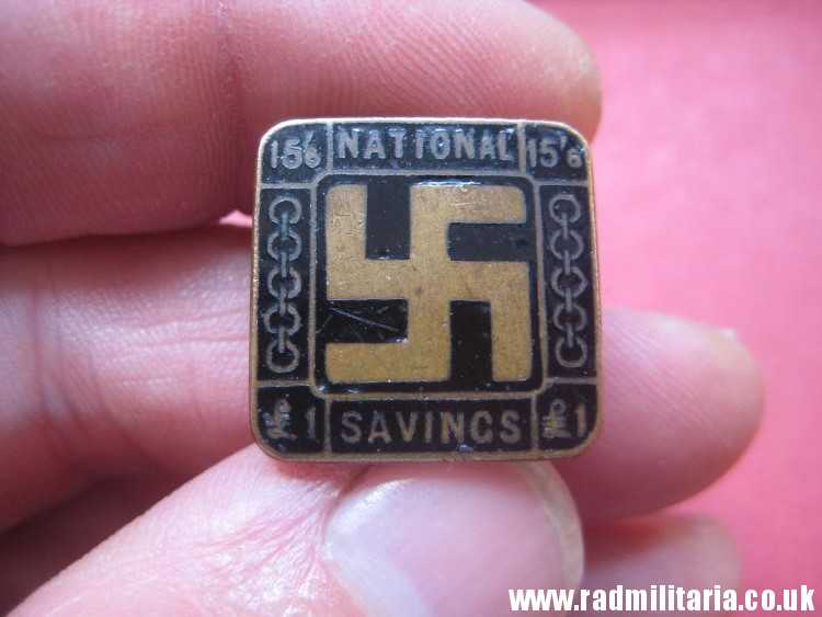 & original old British ENAMEL BADGE with swastika - National Savings maker: J.A.WY & Co London.