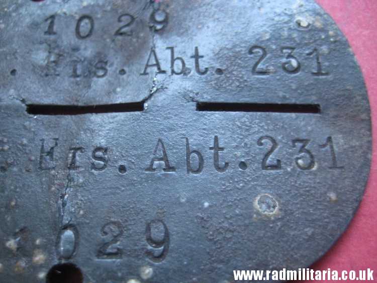 & original German DOG TAG – ID DISC in poor condition: 1029 St. Art. Ers. Abt. 231 - metal detecting find. - Image 4