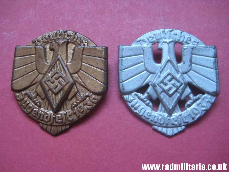 & pre WW2 German HJ Tinnie BADGES - SET of 2. Deutsches Jugendfest 1936 and 1937 - genuine !! - Image 2