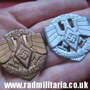 & pre WW2 German HJ Tinnie BADGES - SET of 2. Deutsches Jugendfest 1936 and 1937 - genuine !!