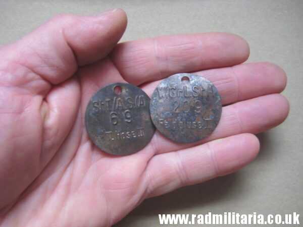 & WW2 unknown Wehrmacht uniform DOG TAGS - SET of 2: "W.Gr.L.St.A 209 Feldbluse II" & "St.I/A.S.(A) 69 T.Hose II"