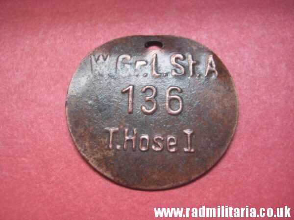 & WW2 unknown German Wehrmacht uniform DOG TAG: "W.Gr.L.St.A 136 T.Hose I" - metal detecting find. - Image 3