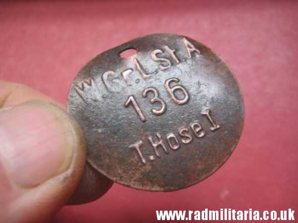 & WW2 unknown German Wehrmacht uniform DOG TAG: "W.Gr.L.St.A 136 T.Hose I" - metal detecting find.