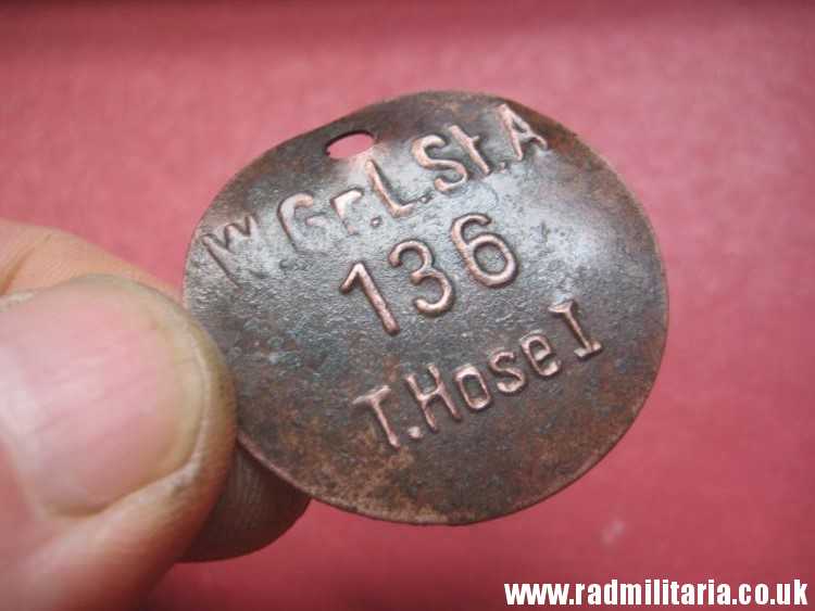 & WW2 unknown German Wehrmacht uniform DOG TAG: "W.Gr.L.St.A 136 T.Hose I" - metal detecting find.